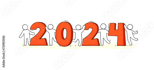 Happy New year 2024 banner with doodle people.