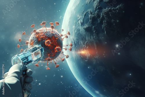 astronaut is shooting coronavirus near the Earth, futuristic style blue coronavirus particles