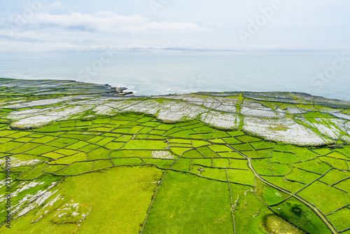 Aerial view of Inishmore or Inis Mor, the largest of the Aran Islands in Galway Bay, Ireland. Famous for its Irish culture, loyalty to the Irish language, and a wealth of ancient sites. photo