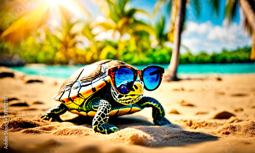 turtle with glasses on a background of palm trees. Selective focus. © yanadjan
