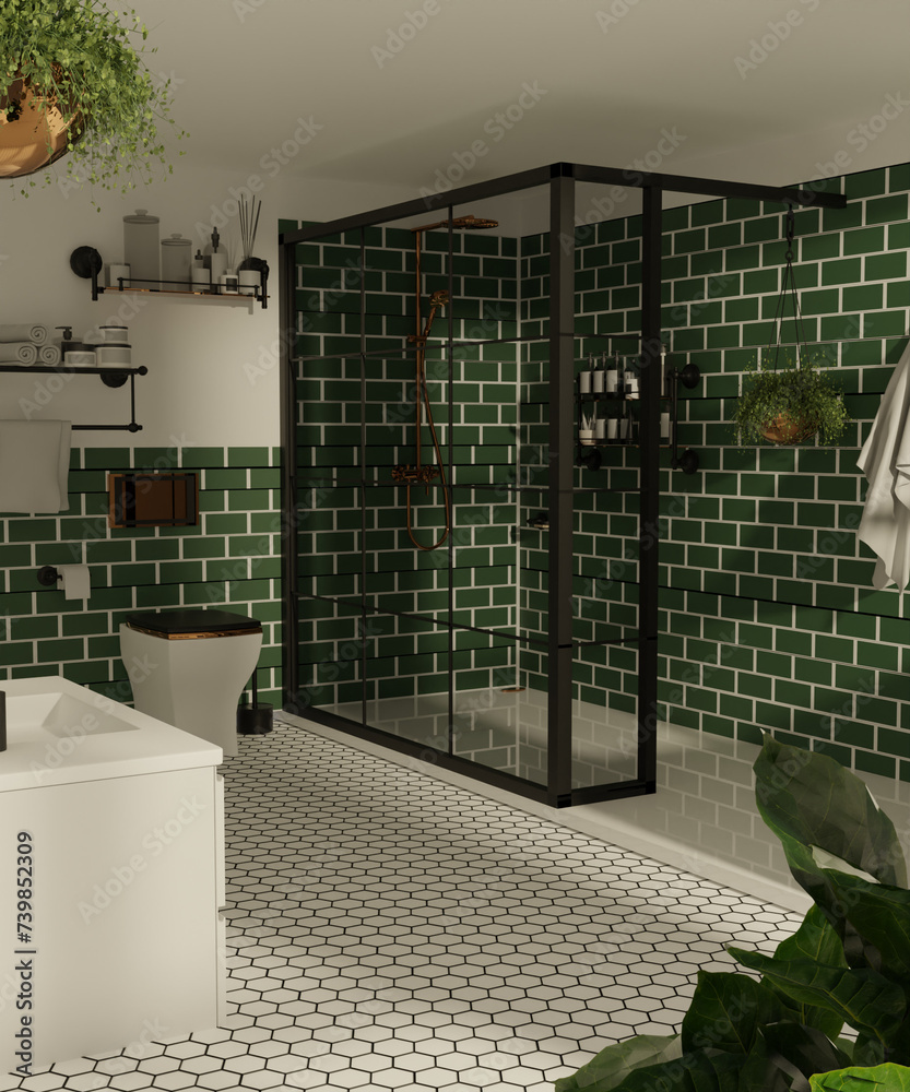 Green Bathroom, 3D render, visualization - obrazy, fototapety, plakaty 