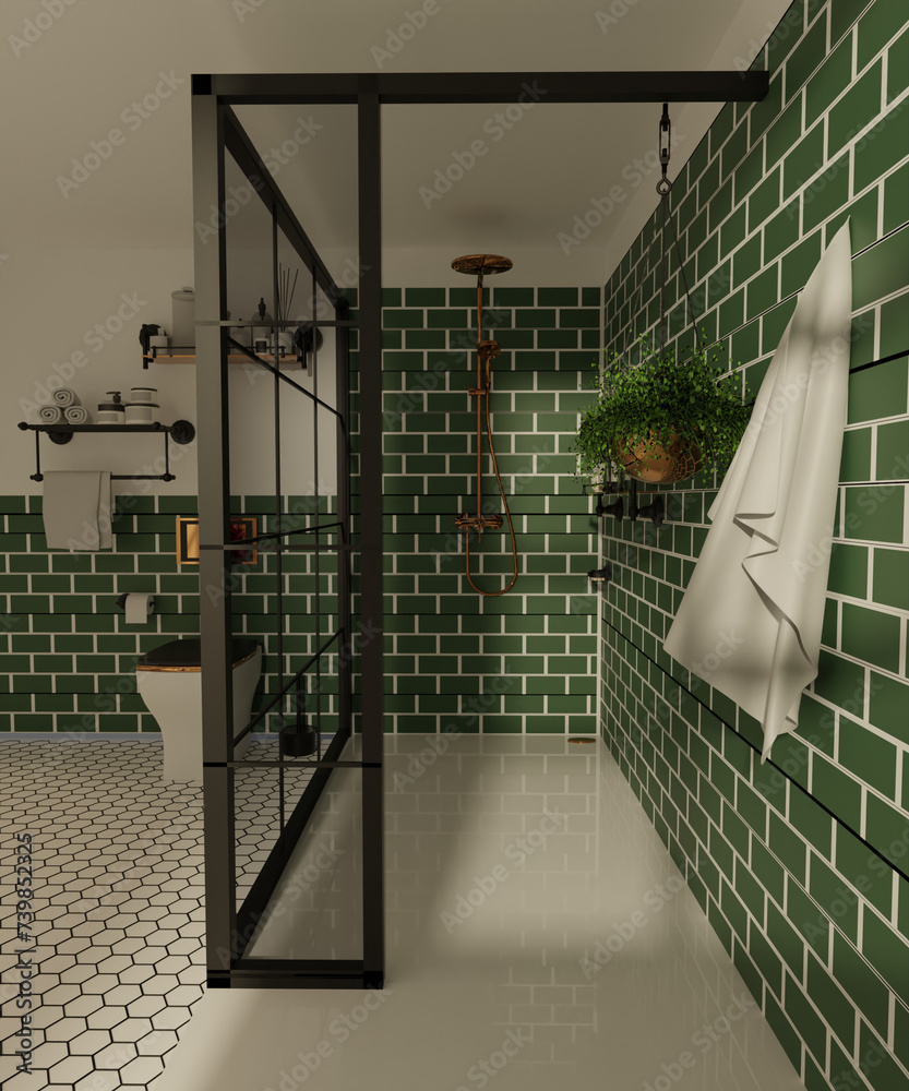 Green Bathroom, 3D render, visualization - obrazy, fototapety, plakaty 