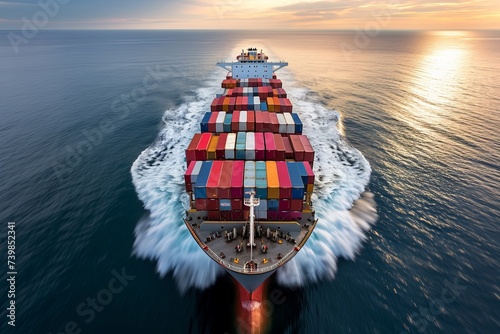 A loaded container cargo ship is seen in the front as it speeds over the ocean