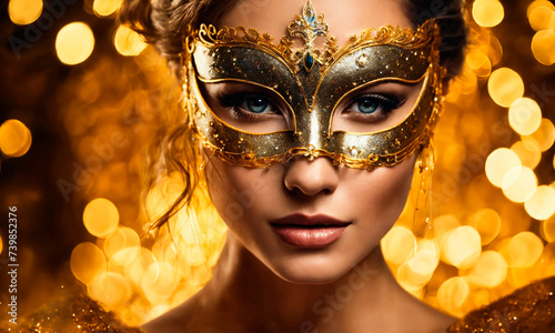 Portrait of a beautiful woman in a golden mask. Selective focus.