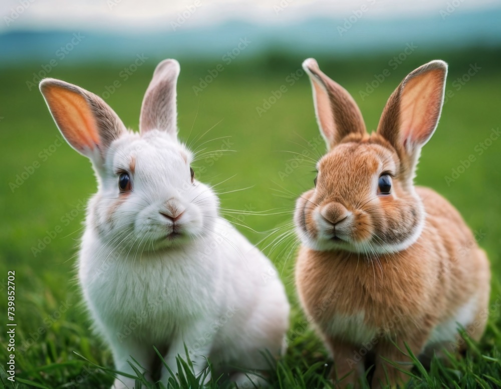 Little cute rabbits on the lawn. AI generation Little cute rabbits on the lawn. AI generation