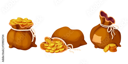 Set Money bag, sack with golden coins isolated on white. Game element asset success, trophy. 
