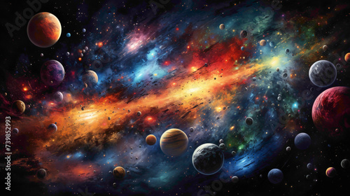 A celestial collision of planets and asteroids in a cosmic dance of vibrant colors against a deep space backdrop.