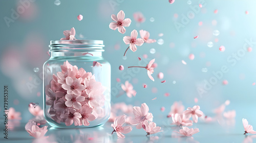 Flying Cherry blossom. Sakura flowers in glass jars. 