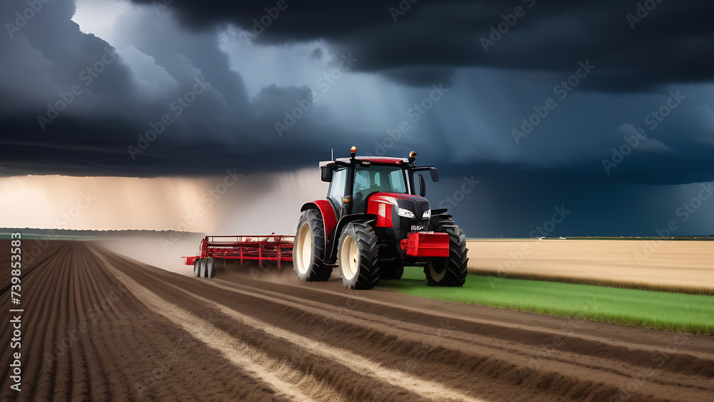 Fototapeta premium A powerful red tractor drives across a huge field under a dramatic stormy sky,