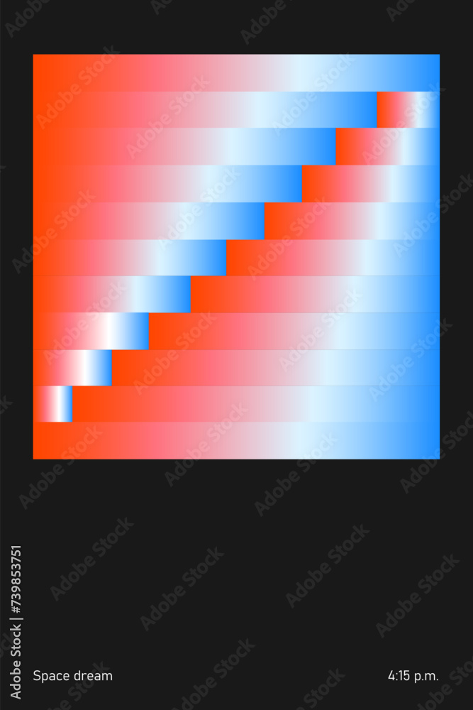 Naklejka premium Abstract digital stairway with gradient red and blue stripes on black background. Modern aesthetics, minimalist art. Virtual space dreams. Vector design for creative cover, poster and ad.