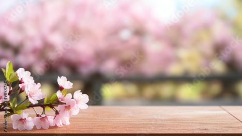 Product wooden background with flowering branches in spring out of focus