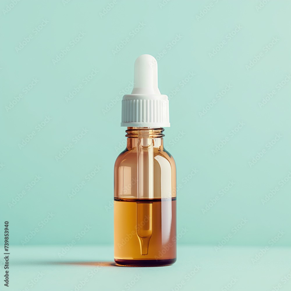 Cosmetic bottle with dropper close-up and copy space.