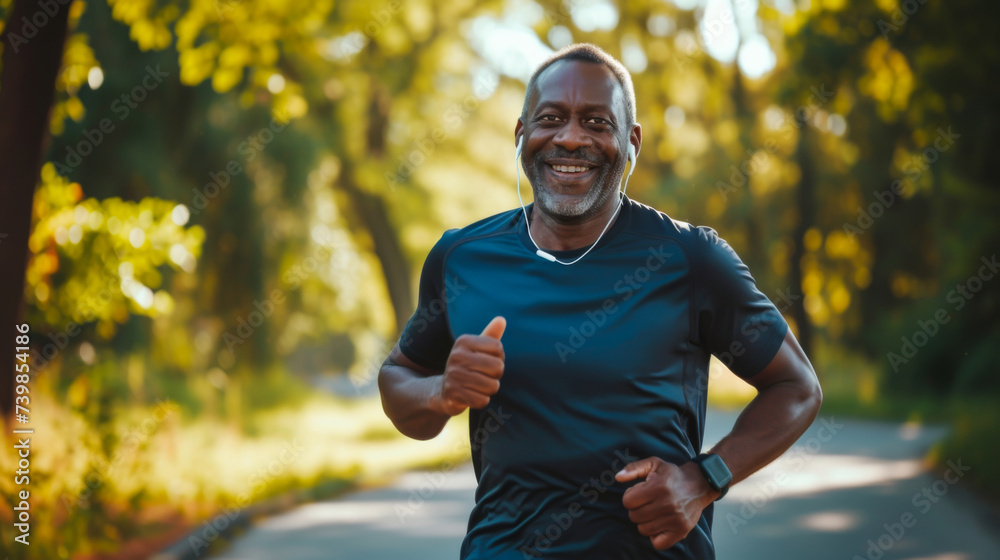 Portrait of an adult black man jogging in the park early in the morning, listening to music. Fitness, health and energy concept. Portrait of an adult black man jogging in the park early in the morning, listening to music. Fitness, health and energy concept.