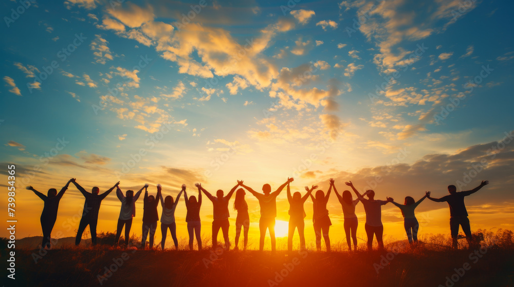 Group of people holding hands on the beach during sunset. Silhouette of friends having fun at sunset, holding hands, giving high five. Vacation, weekend concept. Group of people holding hands on the beach during sunset. Silhouette of friends having fun at sunset, holding hands, giving high five. Vacation, weekend concept.