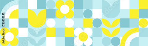 Seamless geometric summer background from flowers ornament, bright textiles and wallpaper. Daisies and bells in yellow and blue sunny shades for packaging goods and gifts.