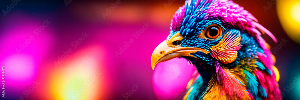 rooster on neon festive background. Selective focus.