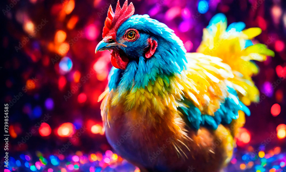 rooster on neon festive background. Selective focus. rooster on neon festive background. Selective focus.