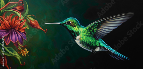 A close-up of a brilliantly colored hummingbird against a deep emerald-green background.