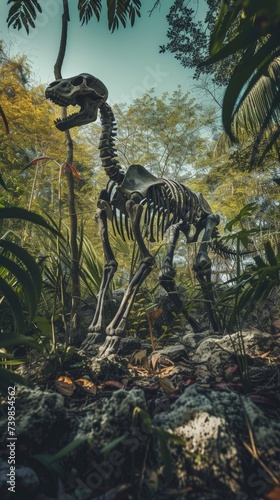 a dinosaur skeleton in the woods