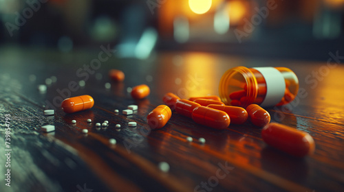 pastillas sobre una mesa como símbolo de la dependencia de los fármacos photo
