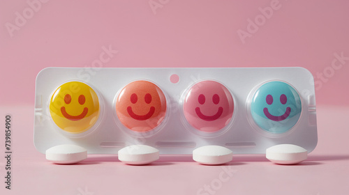 imagen sencilla, de colores suaves,  de pastillas de colores con dibujos de caras sonrientes 