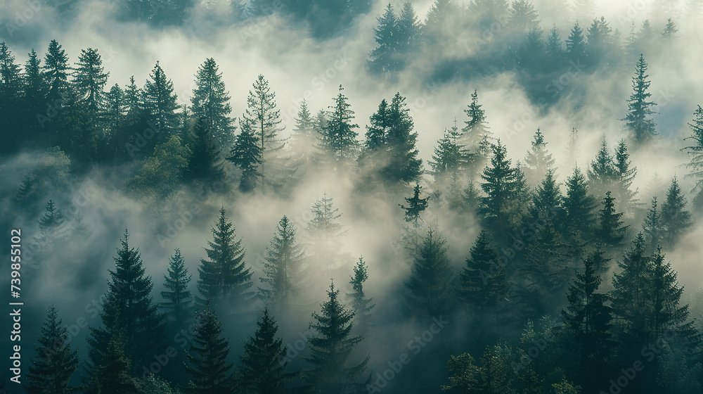 Aerial view of fog over pine forest: mysterious, atmospheric scenery. Aerial view of fog over pine forest: mysterious, atmospheric scenery.