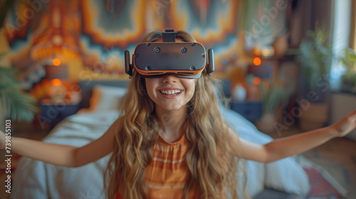 Joyful Woman with Virtual Reality Headset at Home Exploring Digital Worlds