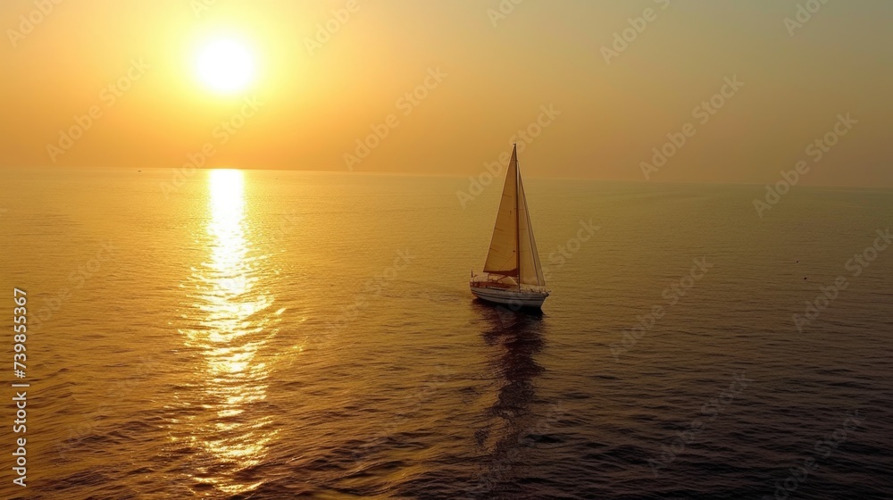 Serene sunset sailboat journey on calm sea waters