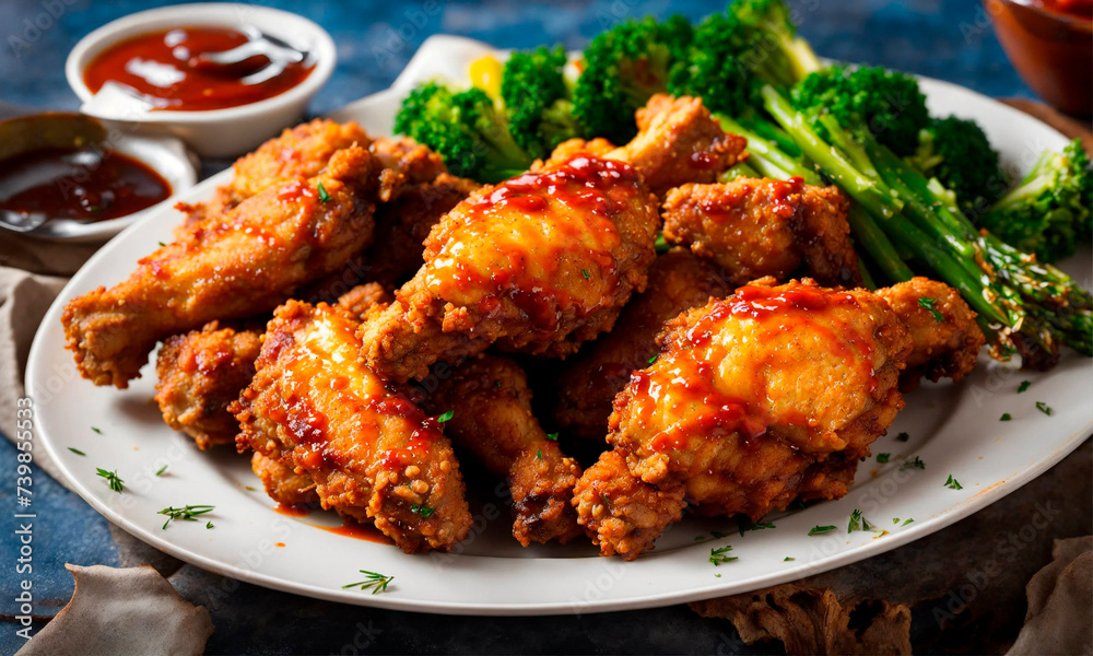 fried breaded wings on a plate. Selective focus.