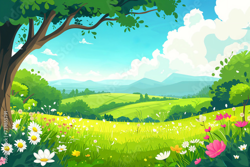 Cartoon meadow spring country meadow landscape background of a springtime green pasture field with a blue summer sky and fluffy summertime clouds  stock illustration image
