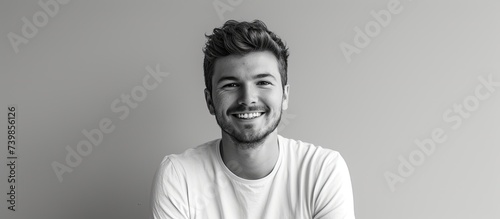 This black and white photo captures a young man sitting and smiling against a gray background. His joyful expression is the focal point of the image.