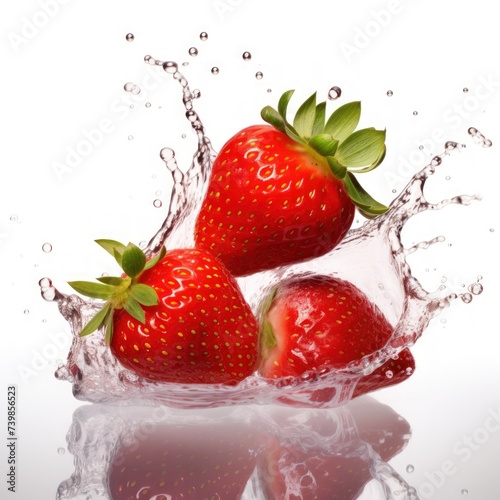 Strawberry fruit splashing on a white background