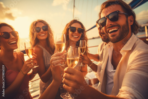 Group of friends having fun together and drinking champagne while sailing in the sea on luxury yacht