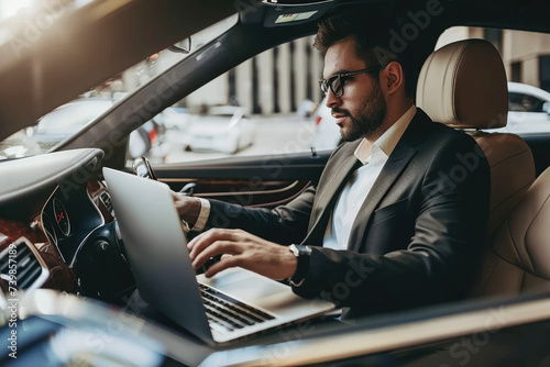 beautiful businessman working on laptop computer while sitting in luxury car