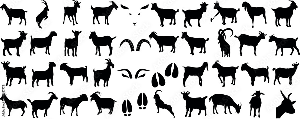 Goat silhouette collection, various goat poses, standing, walking, jumping. Perfect for farm imagery, animal identification graphics, educational content. distinct, detailed view of goats Goat silhouette collection, various goat poses, standing, walking, jumping. Perfect for farm imagery, animal identification graphics, educational content. distinct, detailed view of goats