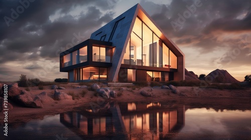 a house with a triangular shaped roof and a pool of water © Aliaksandr Siamko