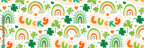 St. Patrick's Day rainbow and shamrock pattern. Groovy title lucky. Irish Green festive background.