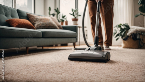 Person vacuuming the carpet at home with a modern vacuum cleaner photo