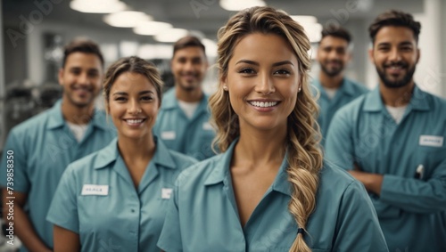 Group of smiling woman and man in a cleaning service uniform