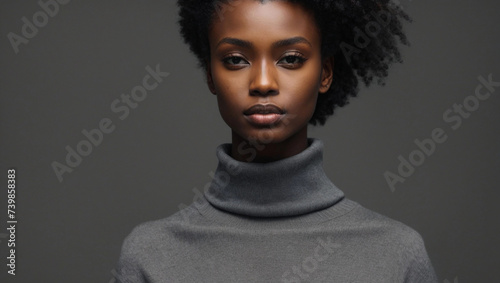 the skinny tall young african female model wearing a grey sweater