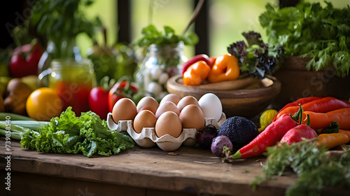 Rustic Feast: An Assortment of Organic Fruits, Vegetables, Fresh Eggs and Baked Bread