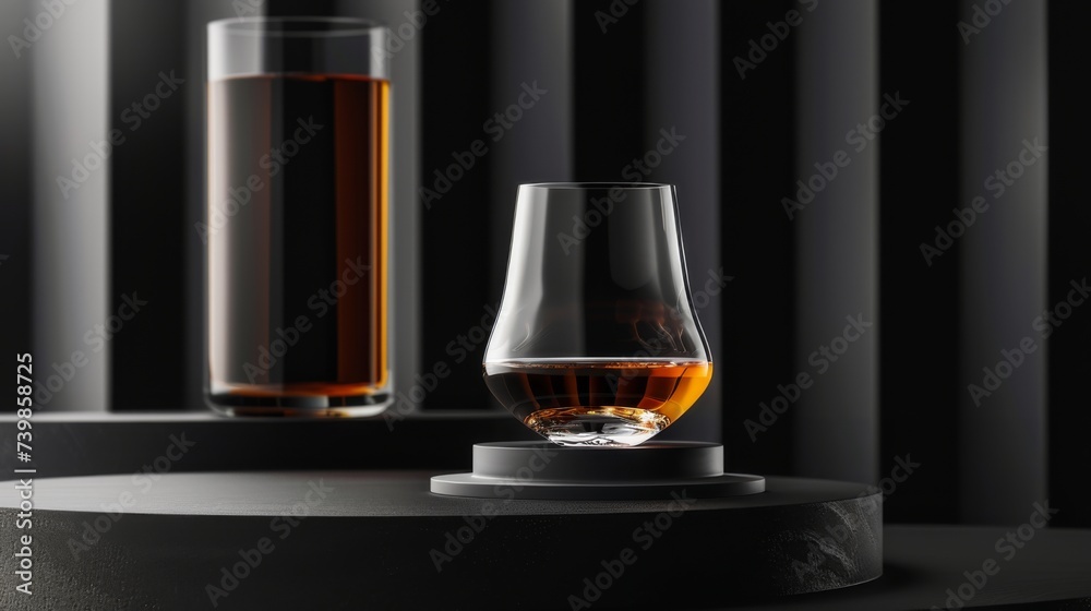 A glass of whiskey on a podium on a black background. Yellow liquid in a glass glass. A glass of whiskey on a podium on a black background. Yellow liquid in a glass glass.