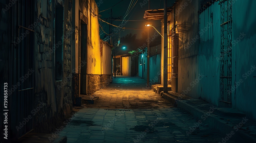 back alleys and deserted main street of an isolated rural town in Mexico at night, creepy, scary, eerie, neutral colors. generative AI - obrazy, fototapety, plakaty 
