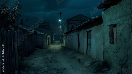 back alleys and deserted main street of an isolated rural town in Mexico at night, creepy, scary, eerie, neutral colors. generative AI