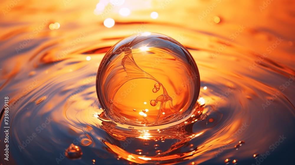 Orange bubble , translucent water, sparkling water reflections, in the style of vibrant, high-energy imagery, crystal-core, high-key lighting.