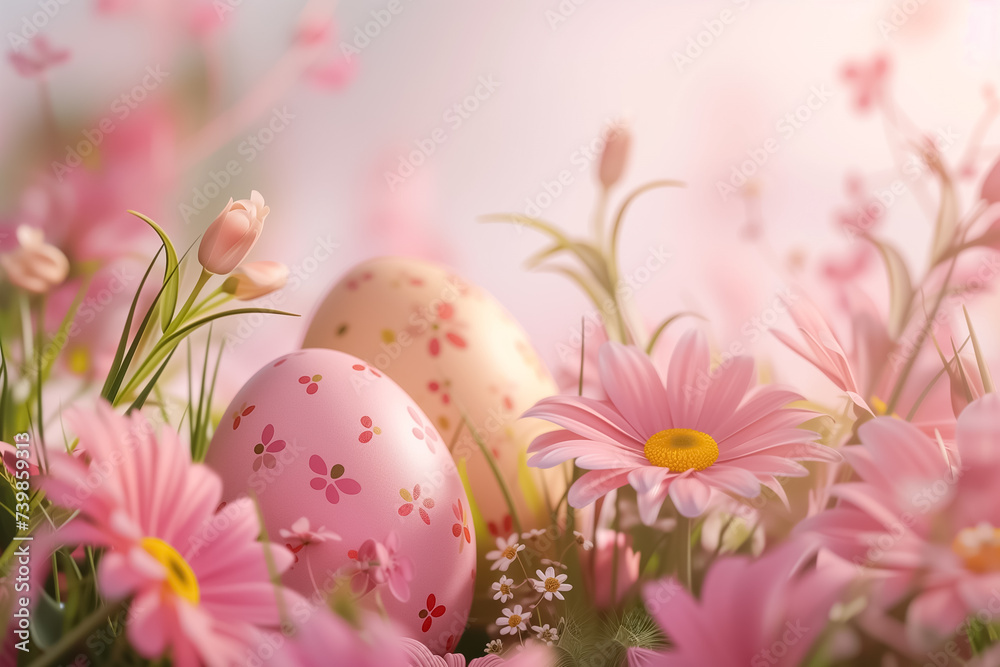 Easter eggs with spring flowers on fresh green Grass. happy Easter. congratulation Easter background