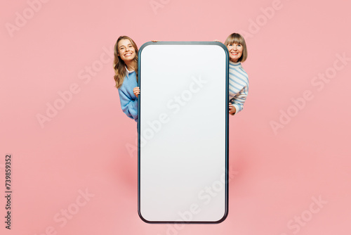 Full body elder parent mom young adult daughter two women wear blue casual clothes behind big huge blank screen area mobile cell phone smartphone isolated on plain pink background. Family day concept.