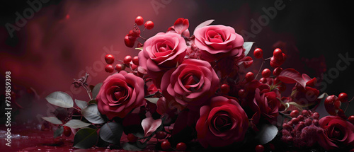 A bouquet of red roses showcased against a deep burgundy abstract background  creating a romantic and dramatic image with an open space in the center.