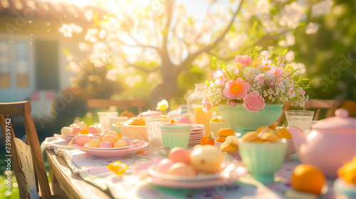served festive Easter table for family brunch outdoor in the garden © zamuruev
