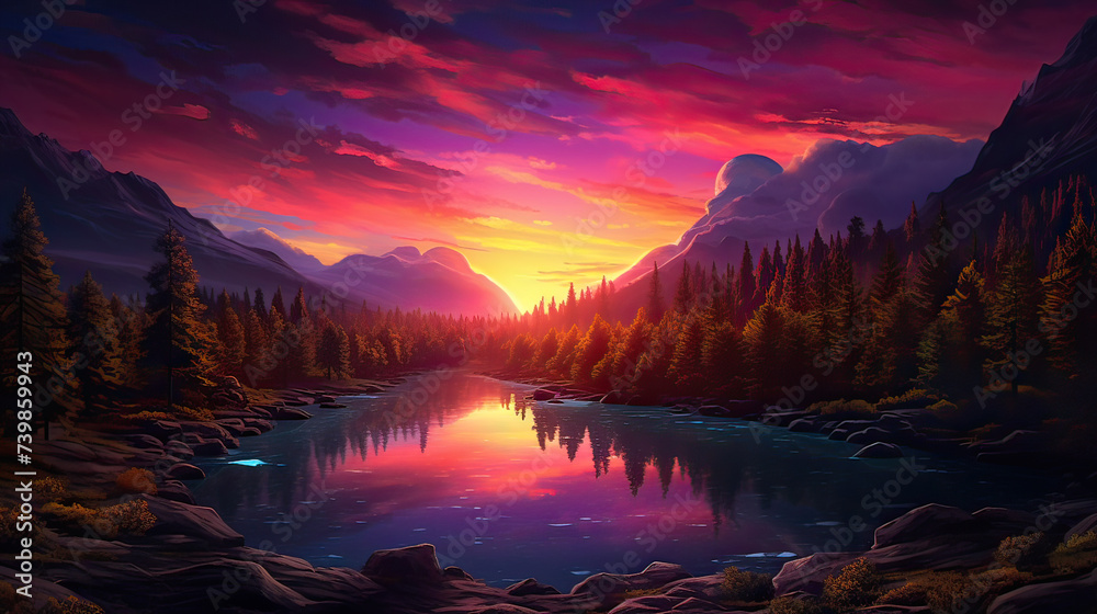 The beauty of a large and mesmerizing sunset backdrop, vibrant colors and unique compositions to create an eye-catching scene Ai Generative